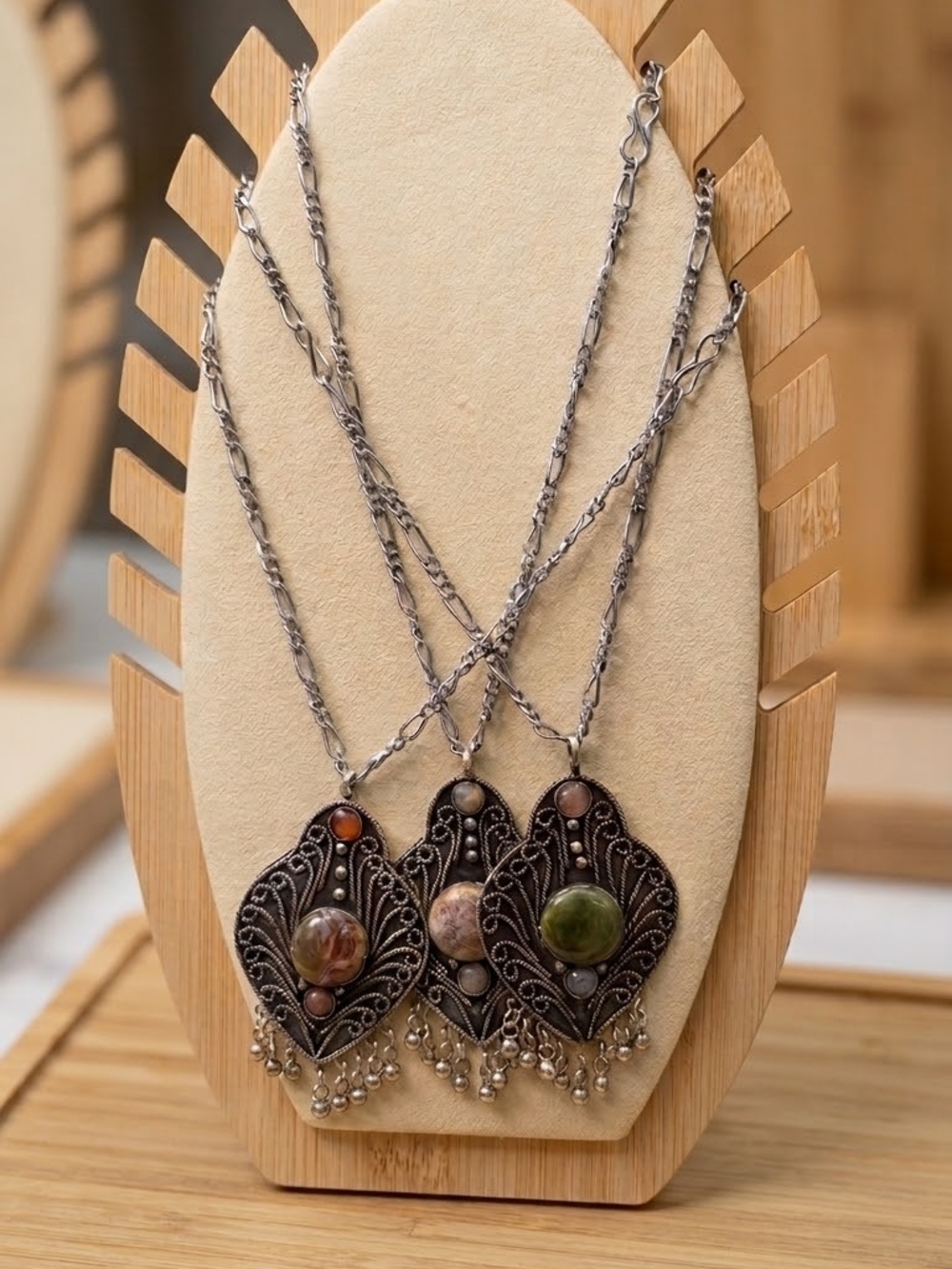Bohemian Silver-Tone Pendant Necklace with Green, Brown & Multicolor Stones - Picture 1 of 4